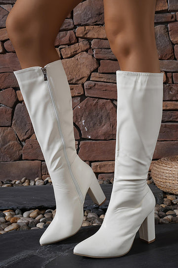 White Wide Calf Pointed Toe Knee High Chunky Heel Boots